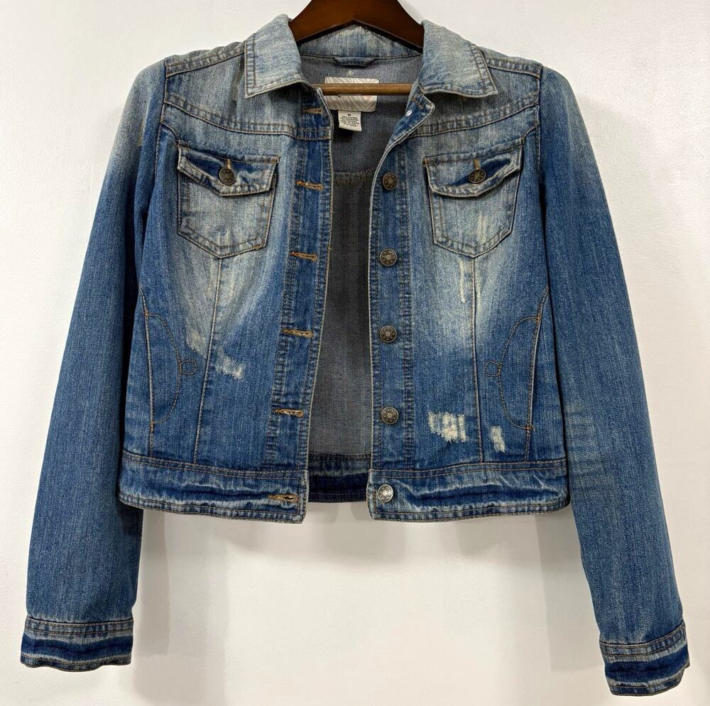 Body Central Denim Jacket Women M Distressed Fitted Cropped Y2K 2000s Blue Jean